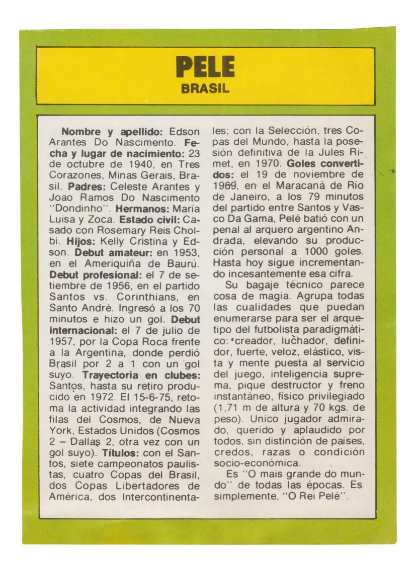 Rey Pele Futbol Brasil Tarjeta Coleccionable Argentina 1978
