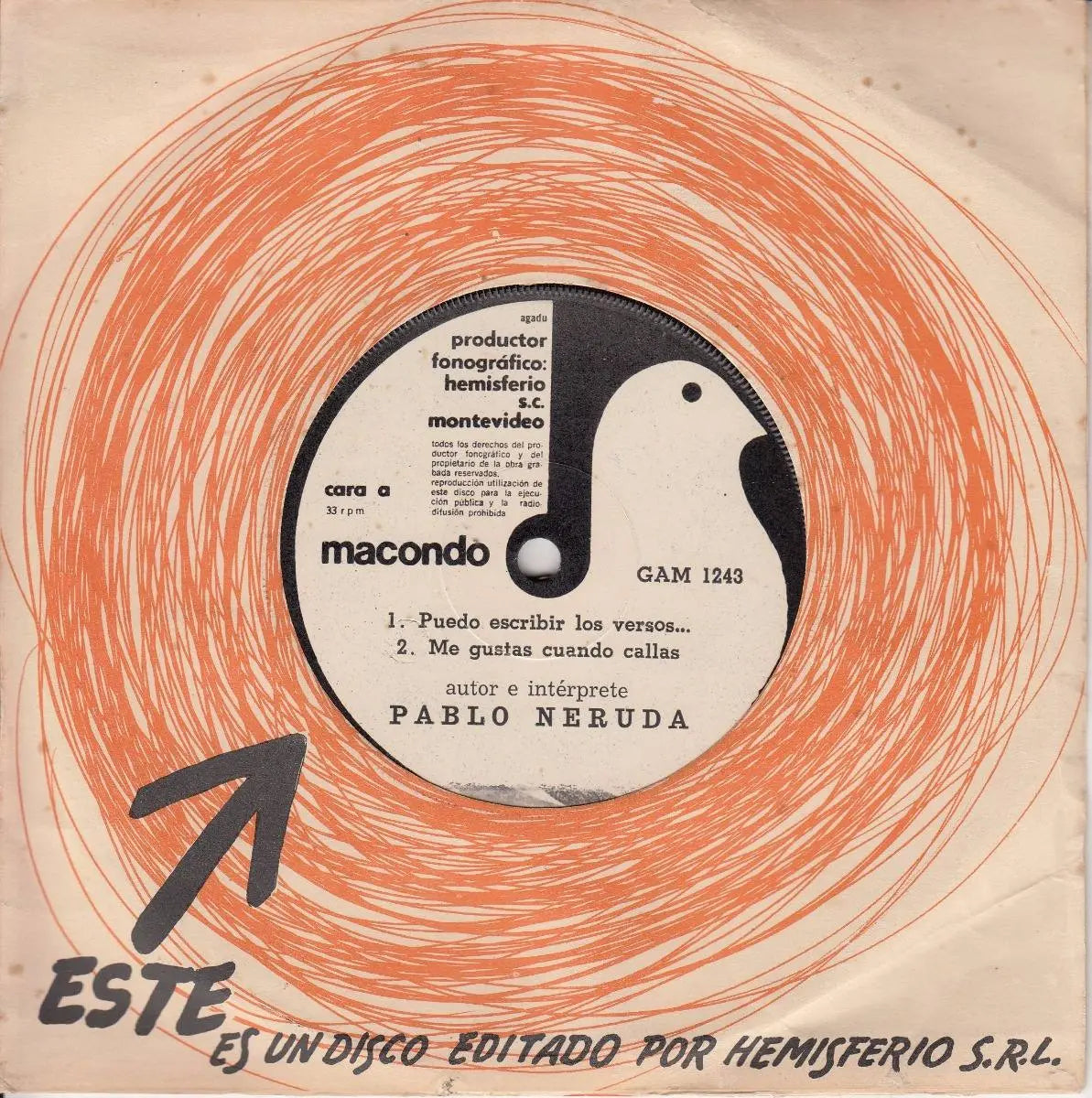 Disco Vinilo Ep Uruguay Pablo Neruda Poesia Sello Macondo